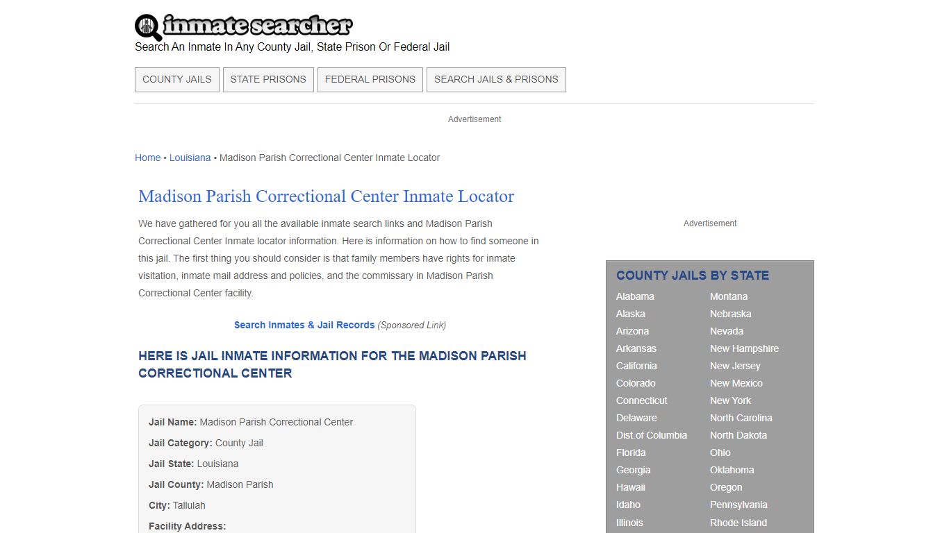 Madison Parish Correctional Center Inmate Locator - Inmate Searcher